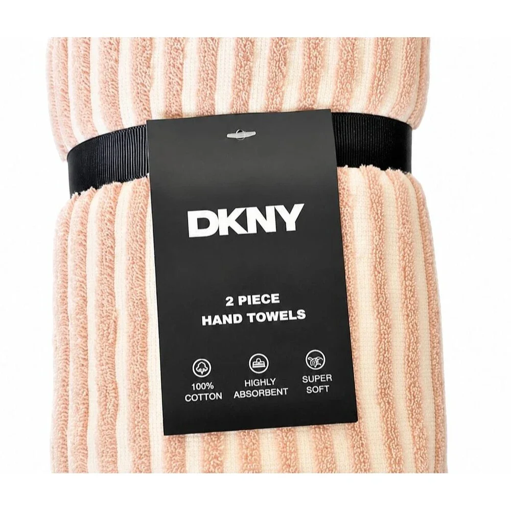 DKNY Hand Towels Blush Pink White Stripe Set of 2 OEKO-TEX Cotton Country 16x28